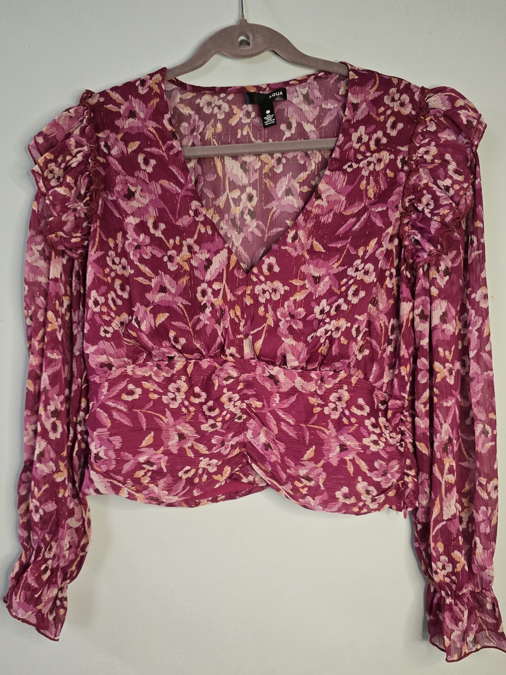 Aqua Raspberry Floral V-Neck Ruffle Blouse - Picture 2 of 14